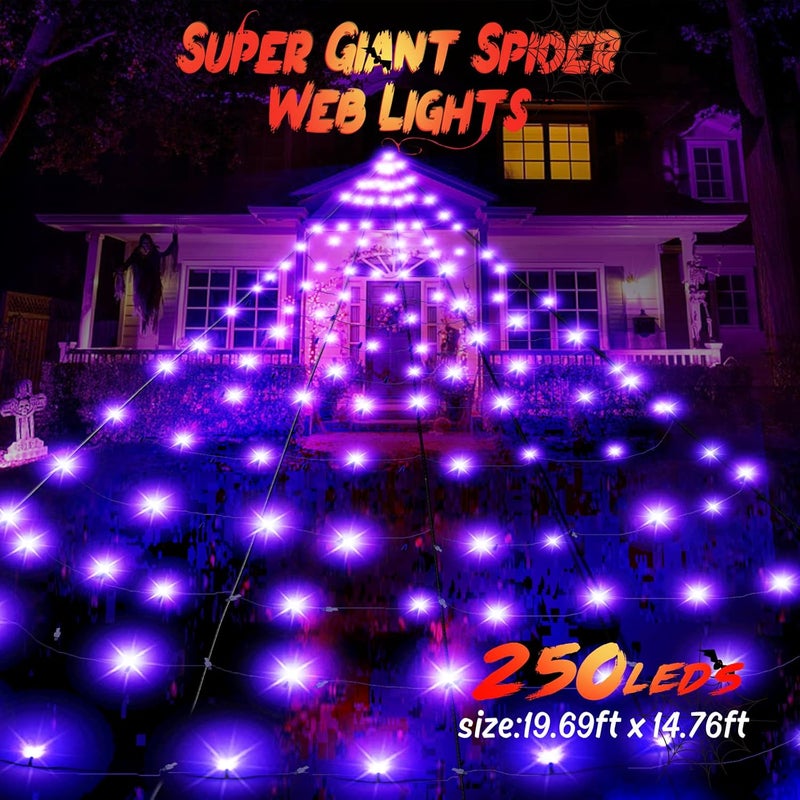 BlcTec Halloween Giant Spider Web Lights, 19.7ft x 14.7ft Lighted Black Spider Web with 250 LED, Sturdy Wire Halloween Web Lights with Waterproof, 8 Modes, Timer for Yard Haunted House Décor (Purple) - Image 3
